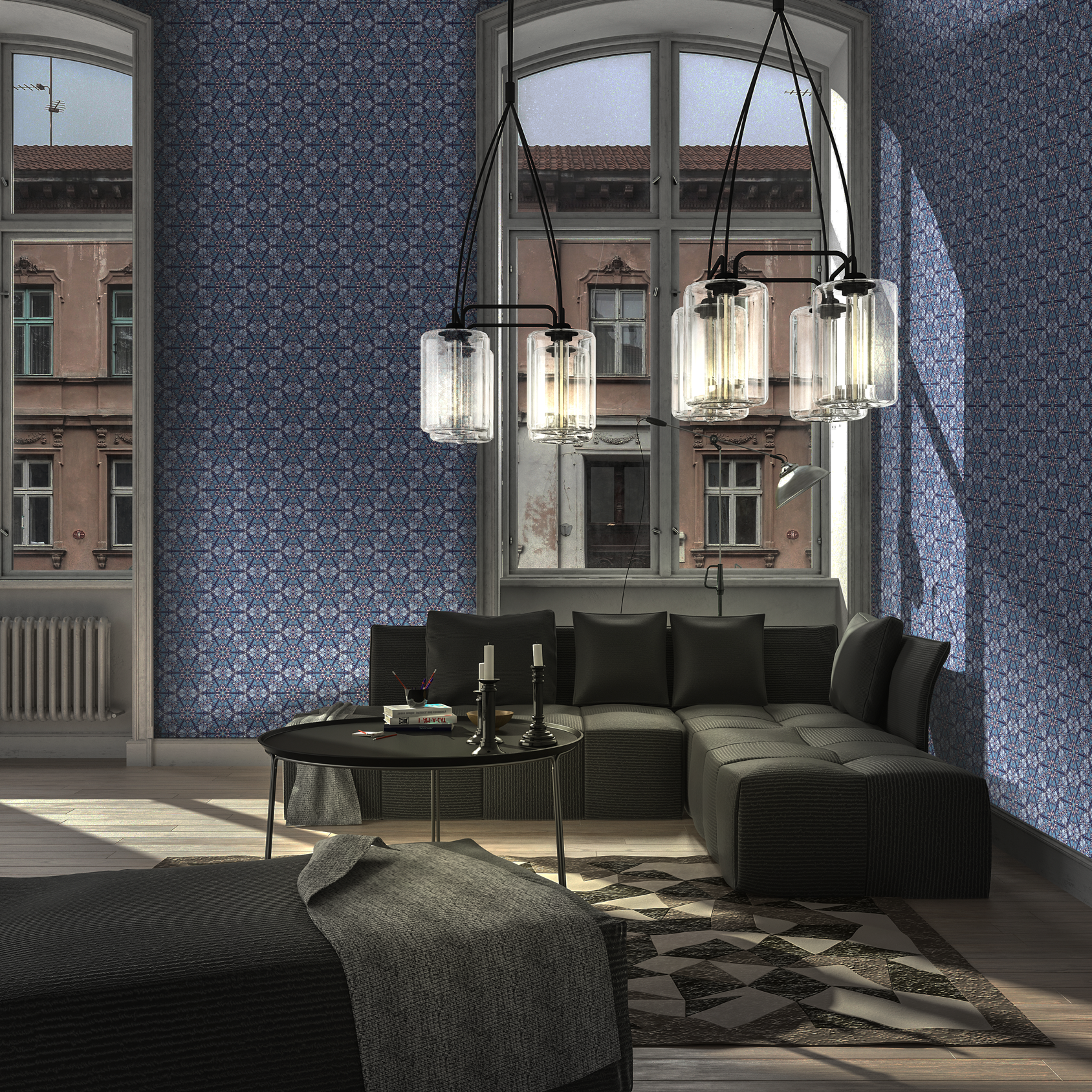 Wild Lone's Greenhouse wallpaper in Ornamental Blue, in a luxury apartment