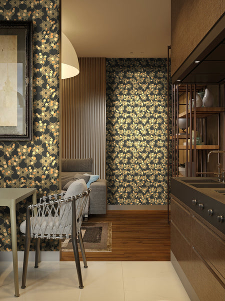 A dark, bold and moody black and gold wallpaper in a modern kitchen. Wild Lone's "Berry Galaxy" wallpaper in "Warm Black", an intricate botanical pattern, inspired by Japanese and Arts and Crafts design, with peach hypericum berries.