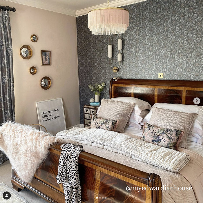 Wild Lone's "Greenhouse" wallpaper in "Ornamental Blue" in a romantic bedroom in an Edwardian house (photo @myedwardianhouse).
