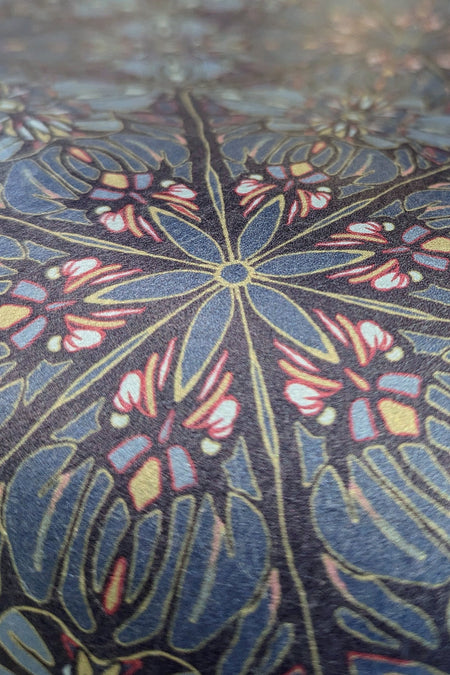 An intricate, Art Nouveau and Japanese-style, pearlescent wallpaper, featuring blue, pinks and gold. Wild Lone's "Greenhouse" wallpaper in "Ornamental Blue". 