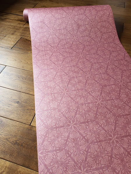Wild Lone's "Greenhouse" wallpaper, "Vintage Rose" colourway. Pink, pearlescent wallpaper with a botanical, Art Nouveau and Japanese pattern.